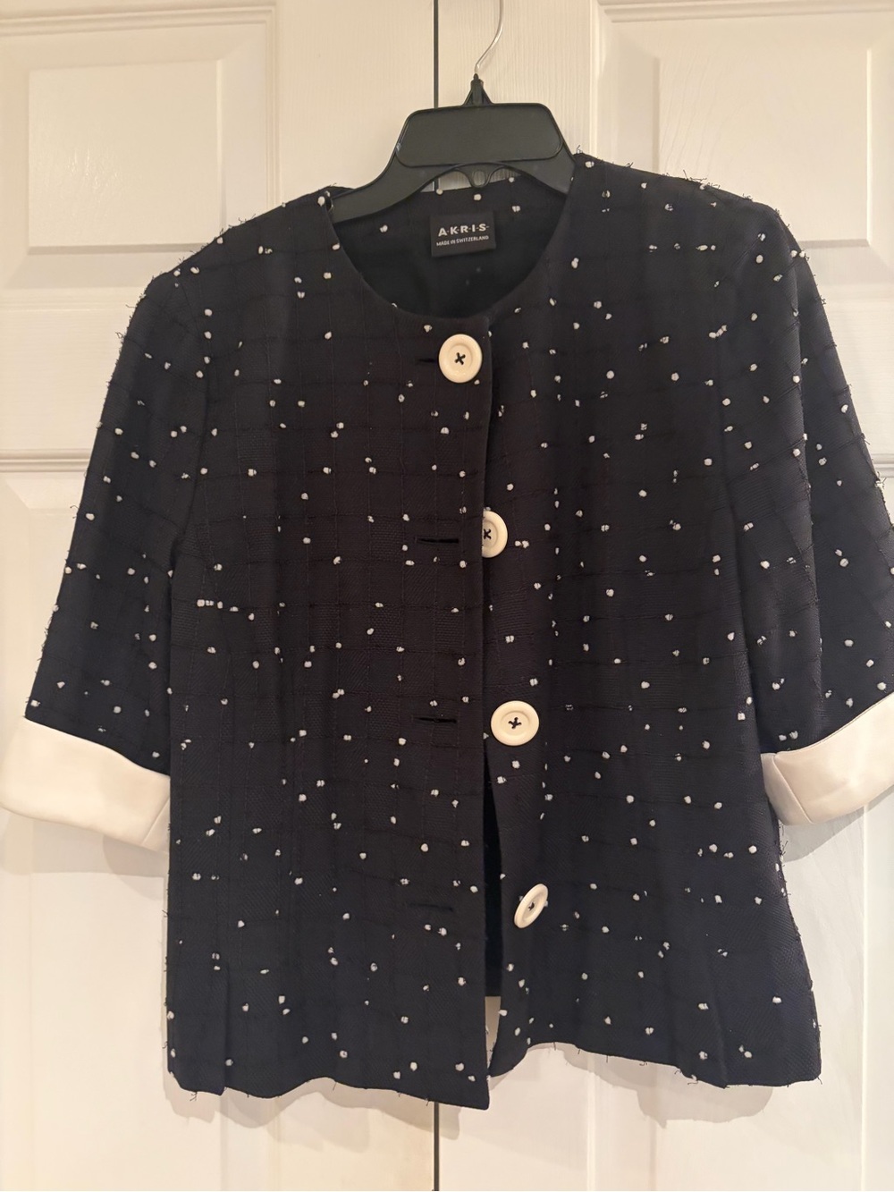 Akris Black Tweed Short-Sleeve Jacket with Ivory Trim